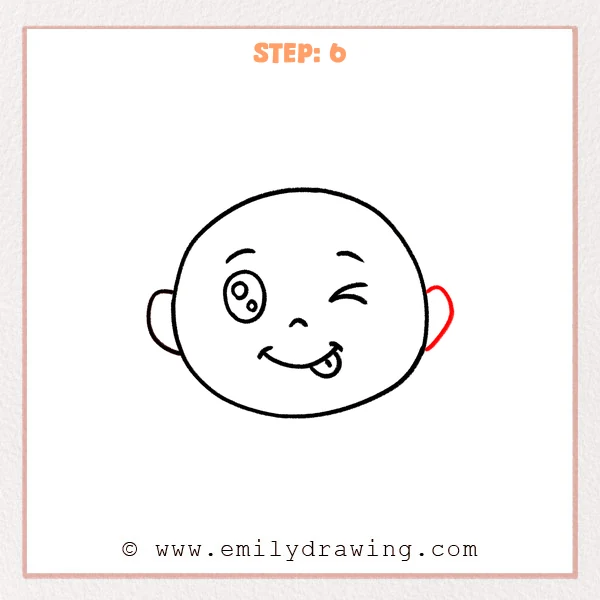 how to draw a winky face - A winky face drawing with a round head, playful facial features, and matching small ears added on both sides.